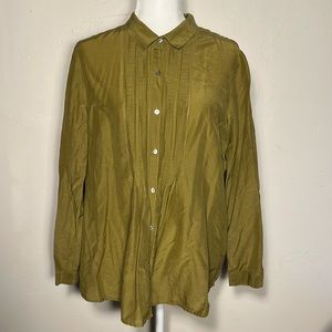 J Jill Cotton Silk Blend Button Up Pleated Front Long Sleeved Shirt Top Large